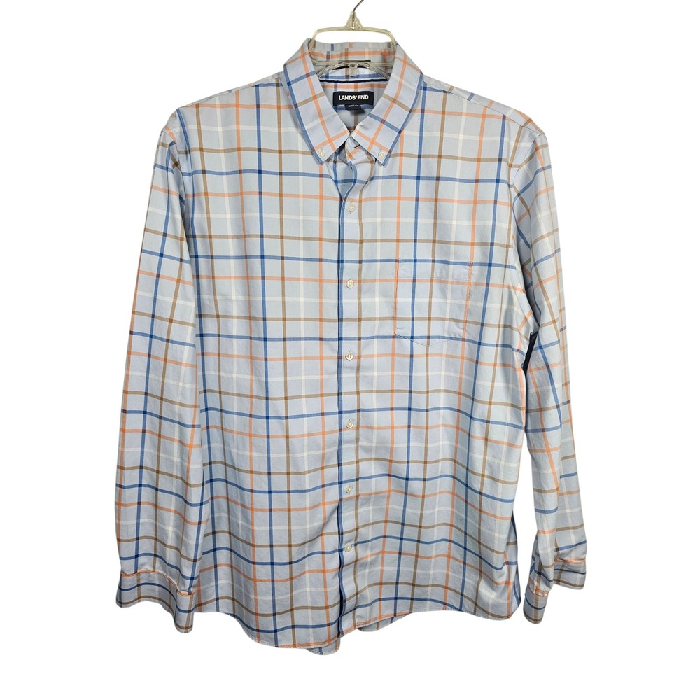 Lands' End Button Down Shirt No Iron Twill Tailored fit Plaid Blue Orange Men XL